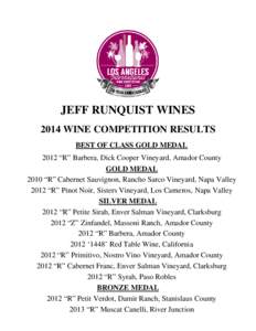 JEFF RUNQUIST WINES 2014 WINE COMPETITION RESULTS BEST OF CLASS GOLD MEDAL 2012 “R” Barbera, Dick Cooper Vineyard, Amador County GOLD MEDAL 2010 “R” Cabernet Sauvignon, Rancho Sarco Vineyard, Napa Valley