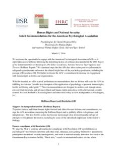 Human Rights and National Security: Select Recommendations for the American Psychological Association Psychologists for Social Responsibility Physicians for Human Rights International Human Rights Clinic, Harvard Law Sch