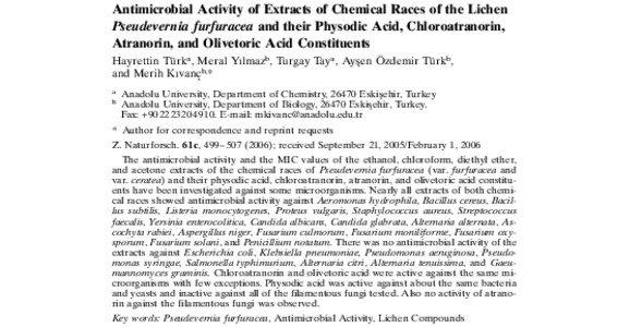 Antimicrobial Activity of Extracts of Chemical Races of the Lichen Pseudevernia furfuracea and their Physodic Acid, Chloroatranorin, Atranorin, and Olivetoric Acid Constituents