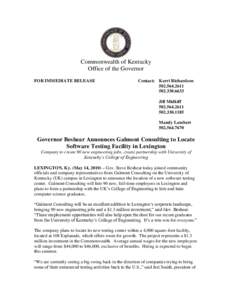 Commonwealth of Kentucky Office of the Governor FOR IMMEDIATE RELEASE Contact: Kerri Richardson