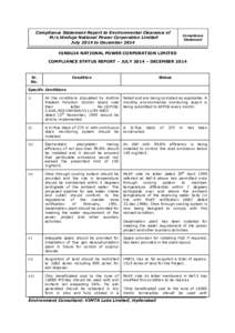 Compliance Statement Report to Environmental Clearance of M/s Hinduja National Power Corporation Limited July 2014 to December 2014 Compliance Statement