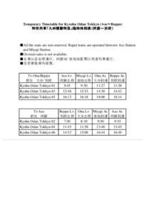 Temporary Timetable for Kyushu Odan Tokkyu (Aso～Beppu) 特快列車「九州橫斷特急」臨時時刻表（阿蘇～別府） ■All the seats are non-reserved. Rapid trains are operated between Aso Station 　 and M