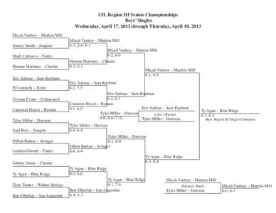 UIL Region III Tennis Championships Boys’ Singles Wednesday, April 17, 2013 through Thursday, April 18, 2013 Micah Vanhoy – Martins Mill Jimmy Smith – Joaquin Mark Carrasco – Yantis
