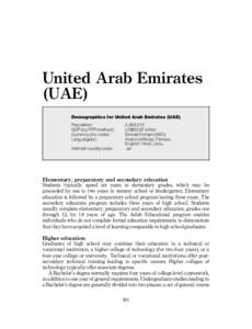 United Arab Emirates (UAE) Demographics for United Arab Emirates (UAE) Population: GDP (by PPP method): Currency (inc code):