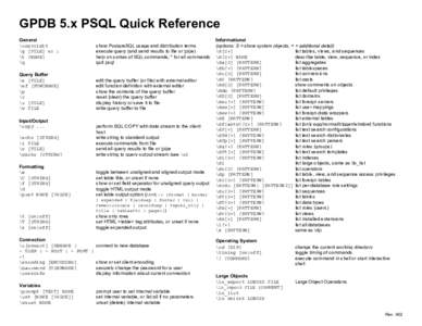 GPDB 5.x PSQL Quick Reference General \copyright \g [FILE] or ; \h [NAME] \q