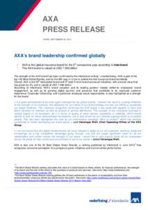 AXA PRESS RELEASE PARIS, SEPTEMBER 30, 2013 AXA’s brand leadership confirmed globally AXA is first global insurance brand for the 5th consecutive year according to Interbrand