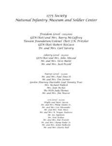 1775 Society National Infantry Museum and Soldier Center Freedom Level - $10,000 GEN (Ret) and Mrs. Barry McCaffrey Tawani Foundation/Colonel (Ret) J.N. Pritzker