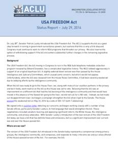 WASHINGTON LEGISLATIVE OFFICE 915 15th St, NW Washington, DC[removed]USA FREEDOM Act Status Report – July 29, 2014