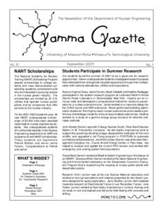 The Newsletter of the Department of Nuclear Engineering   University of Missouri-Rolla  Missouris Technological University September 2001