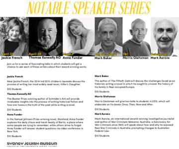 NOTABLE SPEAKER SERIES April 21 Jackie French May13 13