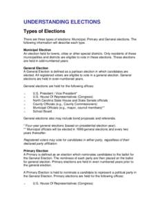 UNDERSTANDING ELECTIONS Types of Elections There are three types of elections: Municipal, Primary and General elections. The following information will describe each type. Municipal Election An election held for towns, c