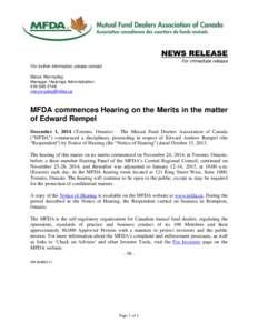 News release - MFDA commences Hearing on the Merits in the matter of Edward Rempel
