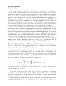 Bernhard Riemann / Analytic number theory / Conjectures / Field theory / Algebraic geometry / Generalized Riemann hypothesis / Riemann zeta function / Riemann hypothesis / Prime number theorem / Elliptic curve / Diophantine equation / Selberg class