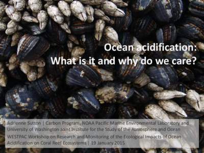 Ocean acidification: What is it and why do we care? Adrienne Sutton | Carbon Program, NOAA Pacific Marine Environmental Laboratory and University of Washington Joint Institute for the Study of the Atmosphere and Ocean WE