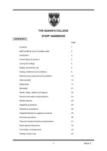 THE QUEEN’S COLLEGE STAFF HANDBOOK CONTENTS Page Contents