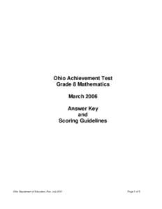 Ohio Achievement Test Grade 8 Mathematics March 2006 Answer Key and Scoring Guidelines