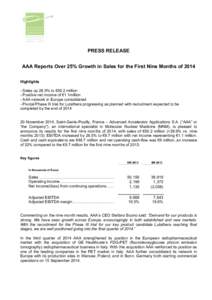  	
    	
   PRESS RELEASE AAA Reports Over 25% Growth in Sales for the First Nine Months of 2014