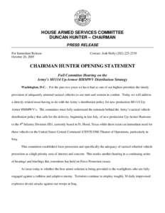 HOUSE ARMED SERVICES COMMITTEE DUNCAN HUNTER – CHAIRMAN PRESS RELEASE For Immediate Release: October 20, 2005