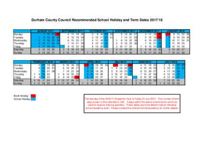 Durham County Council Recommended School Holiday and Term DatesMonday Tuesday Wednesday Thursday