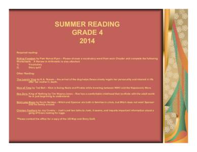 SUMMER READING GRADE[removed]Required reading: Riding Freedom by Pam Nunoz Ryan – Please choose a vocabulary word from each Chapter and complete the following Worksheets. A Review in Arithmetic is also attached.