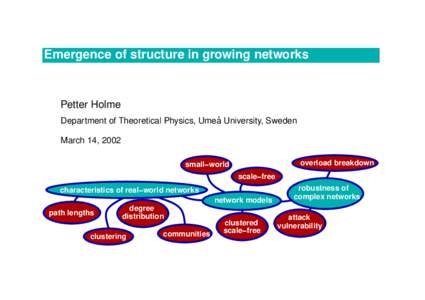 Emergence of structure in growing networks  Petter Holme Department of Theoretical Physics, Umea˚ University, Sweden March 14, 2002 overload breakdown