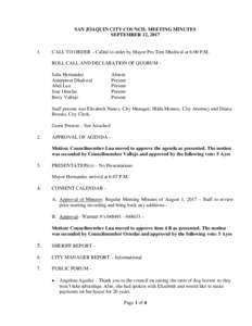 SAN JOAQUIN CITY COUNCIL MEETING MINUTES SEPTEMBER 12, CALL TO ORDER – Called to order by Mayor Pro Tem Dhaliwal at 6:00 P.M.
