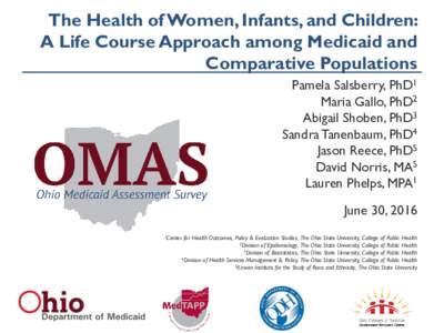 The Health of Women, Infants, and Children: A Life Course Approach among Medicaid and Comparative Populations Pamela Salsberry, PhD1 Maria Gallo, PhD2 Abigail Shoben, PhD3