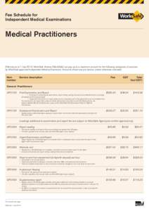Fee Schedule for Independent Medical Examinations Medical Practitioners  Effective as at 1 July 2014, WorkSafe Victoria (WorkSafe) can pay up to a maximum amount for the following categories of services
