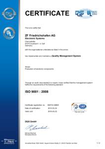CERTIFICATE This is to certify that ZF Friedrichshafen AG Electronic Systems Cherrystraße