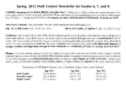 Spring, 2012 Math Contest Newsletter for Grades 6,7, and  B T-SHIRTS (inexpensive!) & BOOK PRIZES: Available Now! T-shirts are fun. Past contests are a great resource. Cive book prizes andlor T-shirts at awards assemb/ie