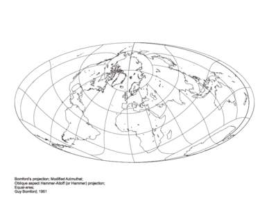 Bomford’s projection; Modified Azimuthal; Oblique aspect Hammer-Aitoff (or Hammer) projection; Equal-area; Guy Bomford; 1951  