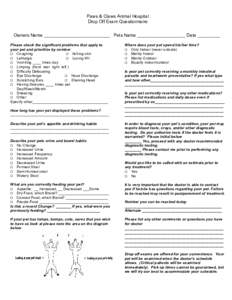 Paws & Claws Animal Hospital Drop Off Exam Questionnaire Owners Name __________________________ Pets Name ___________________ Date _________ Please check the significant problems that apply to your pet and prioritize by 
