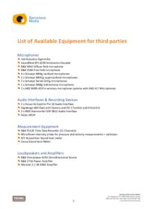 List of Available Equipment for third parties Microphones mH Acoustics Eigenmike Soundfield SPS 422B Ambisonics Decoder B&K 4942 Diffuse field microphone B&K 4189 Free field microphone
