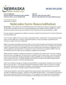 NEWS RELEASE STATE OF NEBRASKA Nebraska Emergency Management Agency (NEMAN.W. 24th St., Lincoln, NECONTACT: