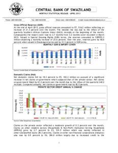 CENTRAL BANK OF SWAZILAND MONTHLY STATISTICAL RELEASE – APRIL 2013 Phone +Fax +