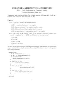 CHENNAI MATHEMATICAL INSTITUTE M.Sc. / Ph.D. Programme in Computer Science Entrance Examination, 25 May 2012 This question paper has 5 printed sides. Part A has 10 questions of 3 marks each. Part B has 7 questions of 10 