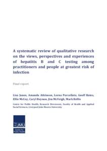 A systematic review of qualitative research on the views, perspectives and experiences of hepatitis B and C testing among practitioners and people at greatest risk of infection Final report