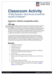Classroom Activity 10 Big Question: How do we unravel the causes of disease? Experiment: Antibiotic susceptibility profiles Overview Determining the antibiotic sensitivity of pure cultures of bacteria growing on an agar 