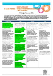 Discipline audit 5 page profile – mackay northern beaches shs Date: 18 june 2014 Principal Leadership The principal and school leadership team have established and are driving a strong, positive learning