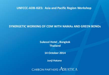 UNFCCC-ADB-IGES: Asia and Pacific Region Workshop  SYNERGETIC WORKING OF CDM WITH NAMAs AND GREEN BONDs Sukosol Hotel , Bangkok Thailand