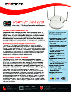 FortiAPTM-221B and 223B Integrated Wireless Security and Access The Need for a Fortified Wireless LAN Enterprises are looking to increase productivity through uninterrupted access to applications and resources, without c