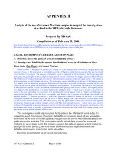 APPENDIX II Analysis of the use of returned Martian samples to support the investigations described in the MEPAG Goals Document. Prepared by ND-SAG Compilation as of February 28, 2008. Note that the Goal, Objective, and 