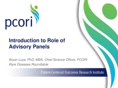 Introduction to Role of Advisory Panels Bryan Luce, PhD, MBA, Chief Science Officer, PCORI Rare Diseases Roundtable  Objectives for the Day