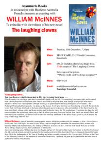 Beaumaris Books  In association with Hachette Australia Proudly presents an evening with  WILLIAM McINNES