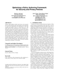 Optimizing a Policy Authoring Framework for Security and Privacy Policies Maritza Johnson John Karat, Clare-Marie Karat Keith Grueneberg