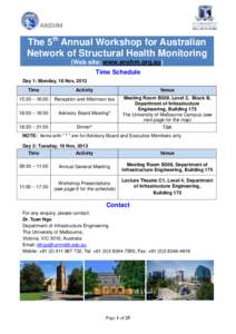 The 5th Annual Workshop for Australian Network of Structural Health Monitoring (Web site: www.anshm.org.au) Time Schedule Day 1: Monday, 18 Nov, 2013 Time