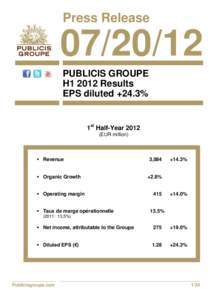 Press ReleasePUBLICIS GROUPE H1 2012 Results