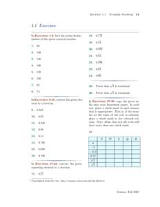 Section 1.1  Number Systems[removed]Exercises In Exercises 1-8, find the prime factorization of the given natural number.