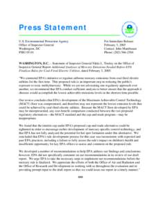 Statement of Inspector General Nikki L. Tinsley on the Office of Inspector General Report Additional Analyses of Mercury Emissions Needed Before EPA Finalizes Rules for Coal-Fired Electric Utilities