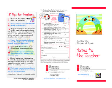 notes_to_teacher_online_Layout[removed]:39 AM Page 1  “…this is perhaps the best buy in the nation for information on children and stuttering.” ASHA JOURNAL